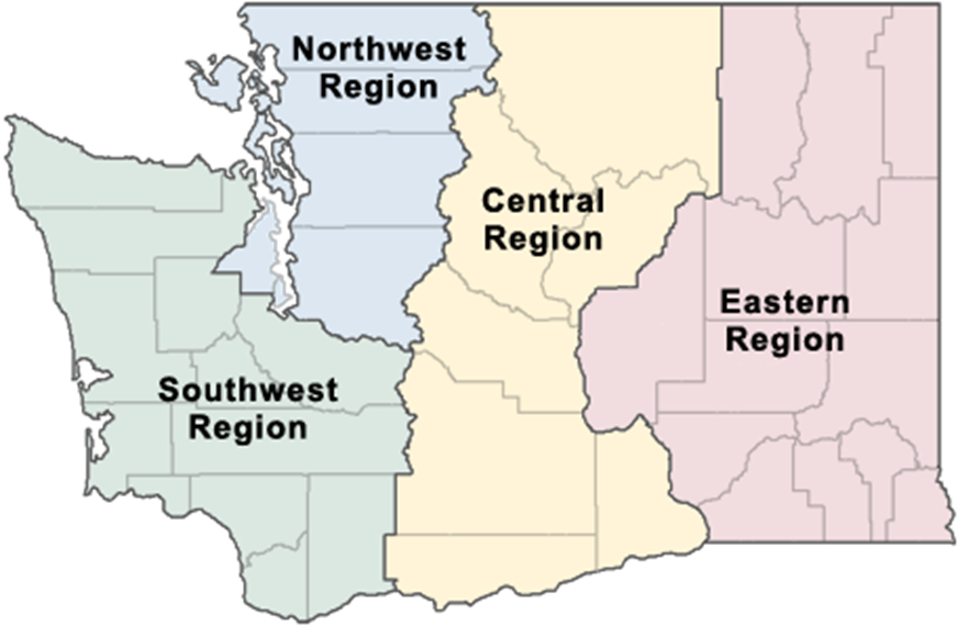 A map of the state of Washingtion showing the Ecology Regional offices and the counties they serve.